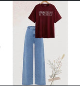 Maroon  colour shirt(staying delulu is the solulu) print with sky blue wide leg jeans